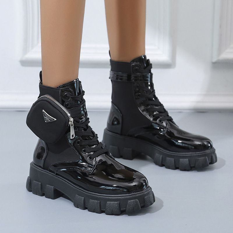 Botas de motociclista com sola pesada e cinto baixo tamanho de couro de cor sólida tamanho 43 sapatos femininos_voghion.com