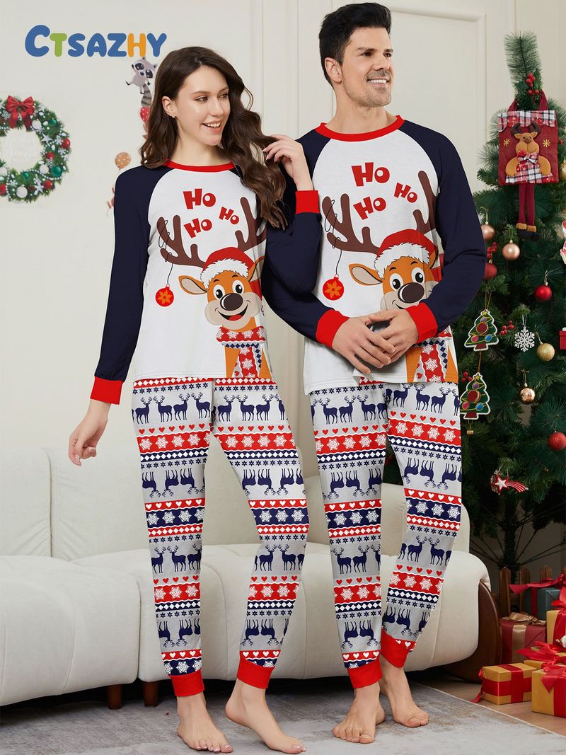 Europäische und amerikanische Eltern-Kind-Heimkleidung. Neues Weihnachtshirsch-Eltern-Kind-Set für vier- oder fünfköpfige Familie. Rundhalsausschnitt, langärmliger bedruckter Pyjama_voghion.com