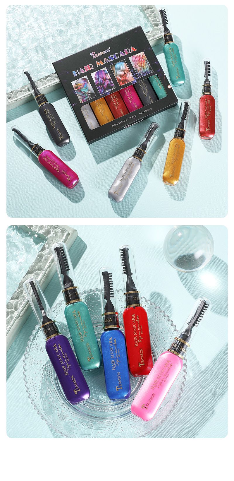 6-teiliges Set: Einweg-Haarfarbe (Weiß & Dunkelblau), bunte Strähnenfarbe, bunte Doppel-Mascara_voghion.com