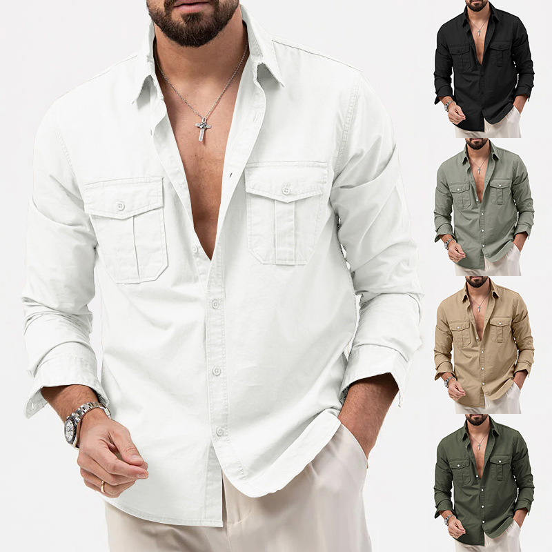 2024 Nova Estação Independente Transfronteiriça Camisa Masculina Multi-bolso Casual Manga Longa Camisa Masculina_voghion.com