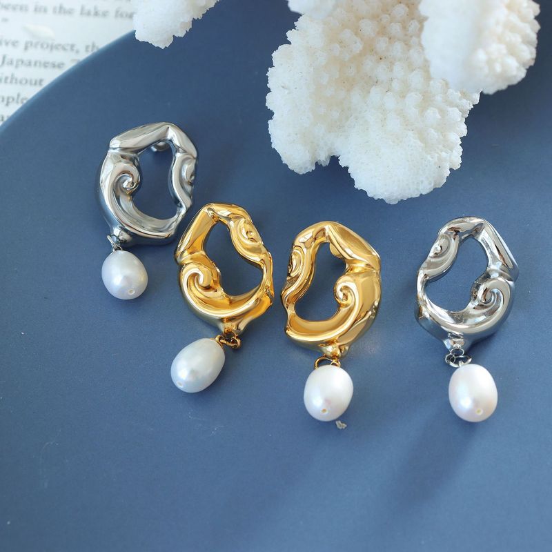 Women's Jewelry Elegant French Hollow Lava Irregular Drop Earrings With Freshwater Pearl For Women_voghion.com