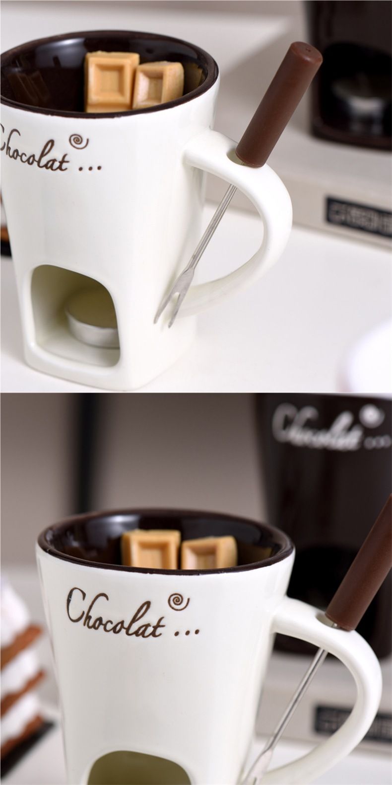 European Style Ice Cream Cheese Chocolate Melting Creative Ceramic Hot With Fork Candle Holder Heating Pot_voghion.com