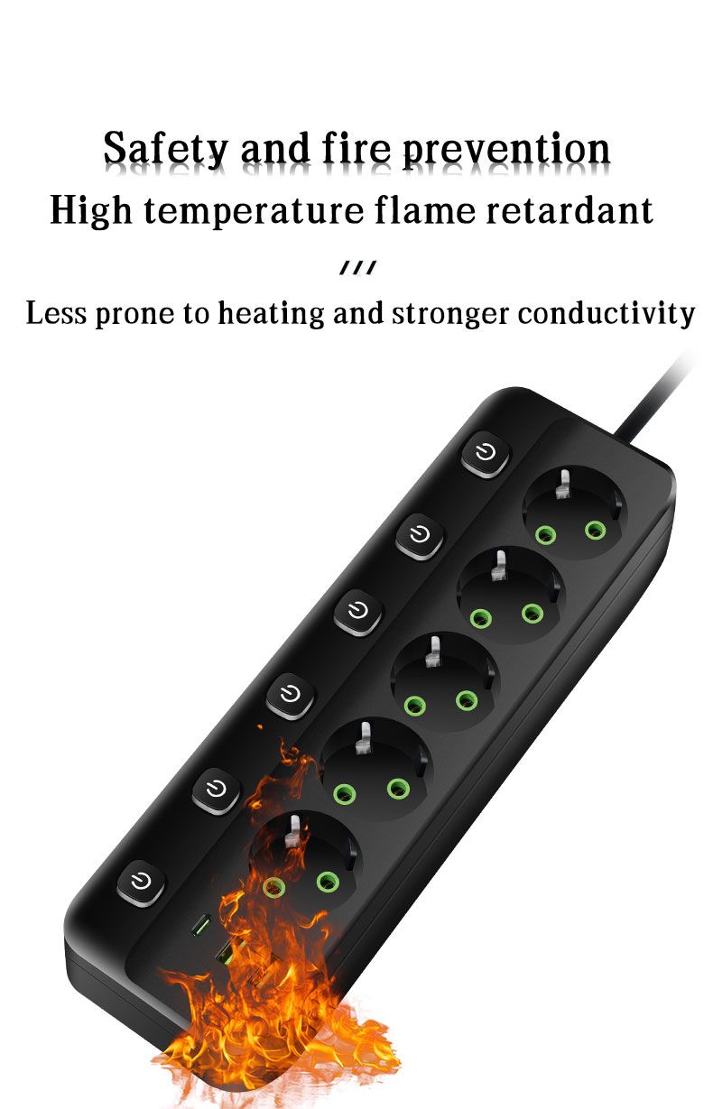EU-Steckdosenleiste mit 3/5 AC-Steckdosen + 2 USB-Anschlüssen + 1 Typ C 6/8-in-1-Steckeradapter 2M Steckdose für das Home Office_voghion.com