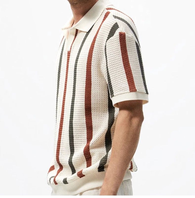 Herrenbekleidung, Mesh-Kontrast-Streifenhemd, Sommermode-Strickhemd mit Hohlnetz und Farbblock-Streifendesign, locker sitzendes Freizeitoberteil für Teenager_voghion.com
