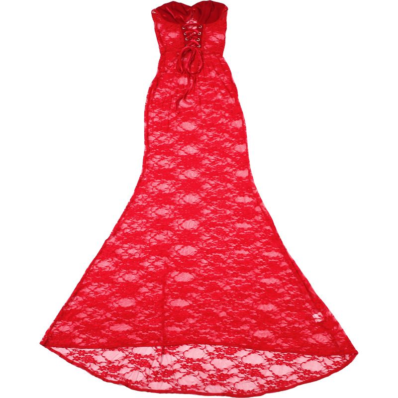 Abito aderente invernale sexy in pizzo senza spalline - Abito lungo senza maniche con fasciatura, rete trasparente e vita alta (rosso, S/M/L)_voghion.com