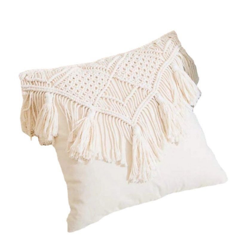 Funda de cojín de macramé tejida a mano con borlas, estilo bohemio, de cuerda de algodón, para sofá de salón, decoración estilo INS_voghion.com