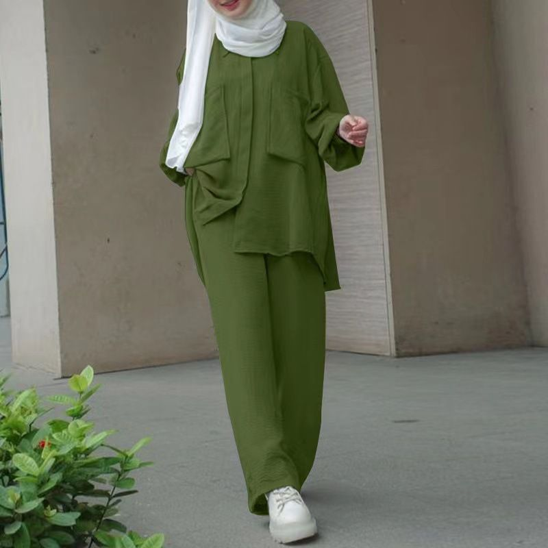 Pantaloni camicia da donna a maniche lunghe con tasca applicata e porta segreta, con elastico in vita e bottoni tinti_voghion.com