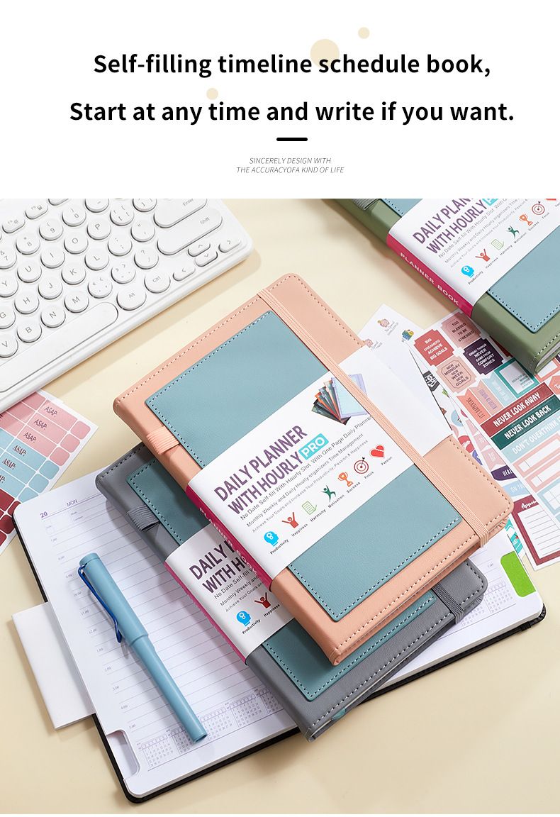 Undated Daily Planner Notebook With Elastic Band & Stickers – PU Leather Cover, 200 Sheets Of 80G High-Quality Paper_voghion.com