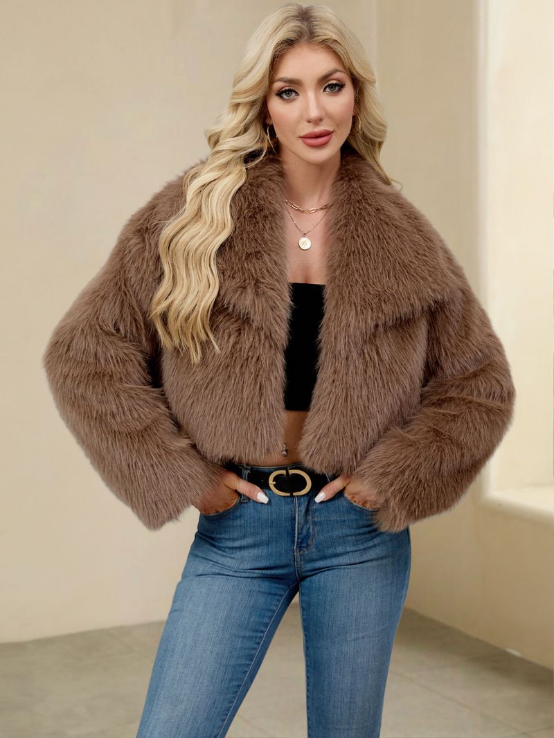 Giacca da donna con collo in pelliccia sintetica – Cappotto corto in peluche con revers alto | Lussuosa e calda (S-XXXL)_voghion.com