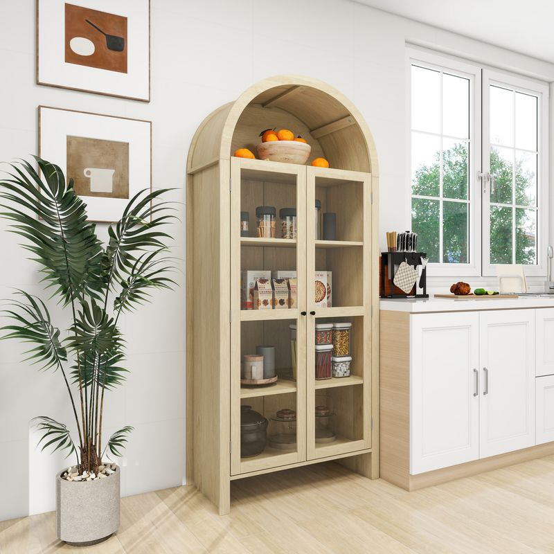 Hochschrank Naturfarben 178cm Mit Acrylglastüren, 2 Schubladen, Bogenförmig_voghion.com