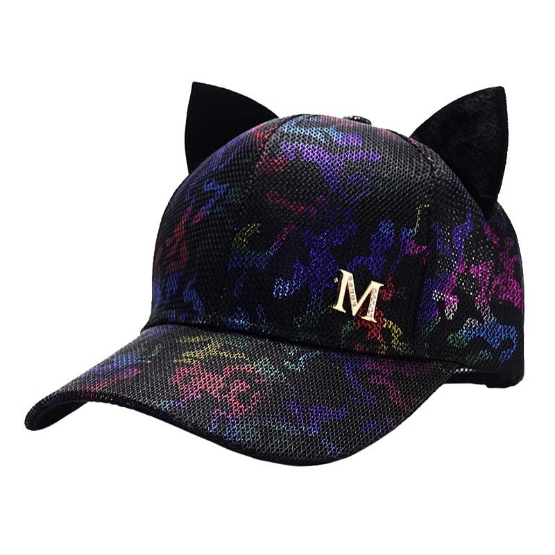 Orecchie di gatto con paillettes carine (Pane a forma di orecchio di gatto al vapore) Baseball Donna Estate Versatile Studente Cartone animato Lingua d'anatra_voghion.com