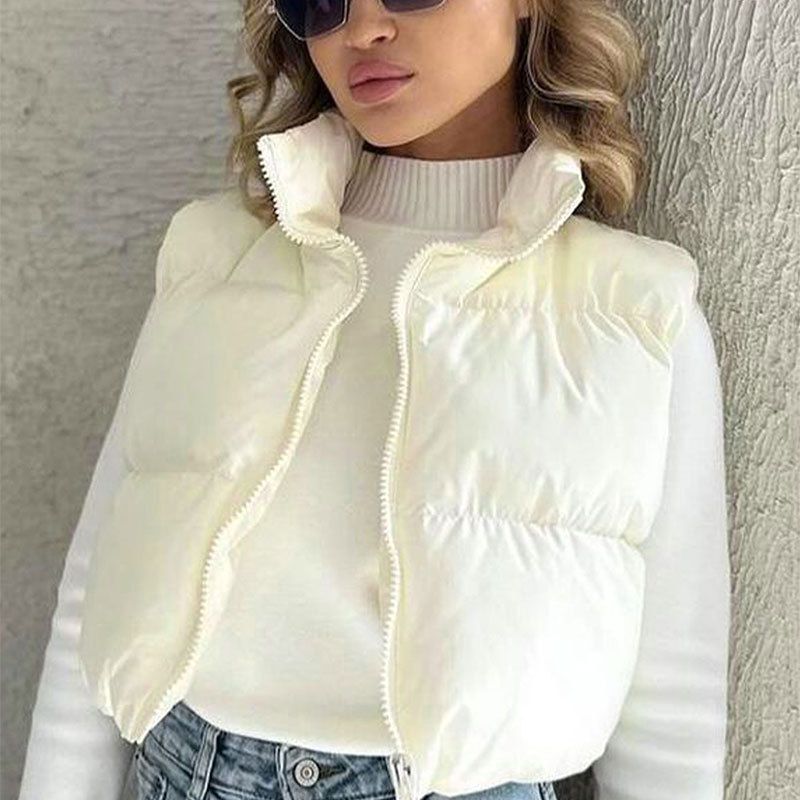 Gilet trapuntato da donna con collo alto, giacca imbottita senza maniche per autunno inverno, moda streetwear in bianco, nero, grigio_voghion.com
