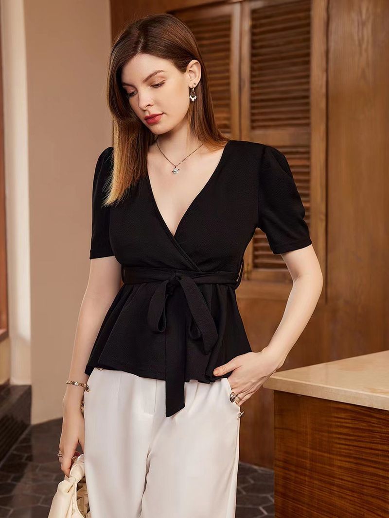 Women's Clothing Lace Belt Top T-shirt Fashion Casual Knit Style Tops_voghion.com