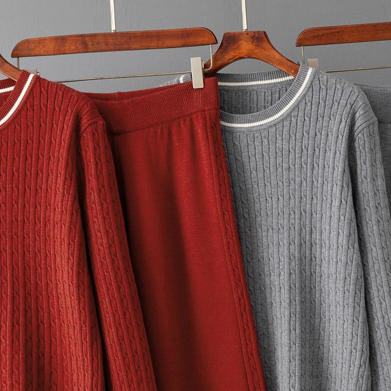 Elegante set di maglione e pantaloni in maglia - Completo casual a righe con pullover a maniche lunghe e pantaloni in morbida miscela di viscosa, versatile per l'ufficio e per tutti i giorni_voghion.com