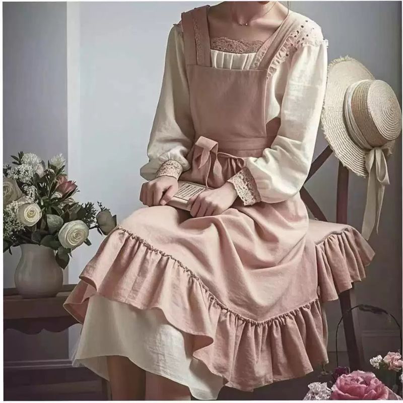 French Retro Pastoral Style Artistic Temperament For Home Kitchen Cooking Oil-Proof Nordic Solid Color Apron_voghion.com