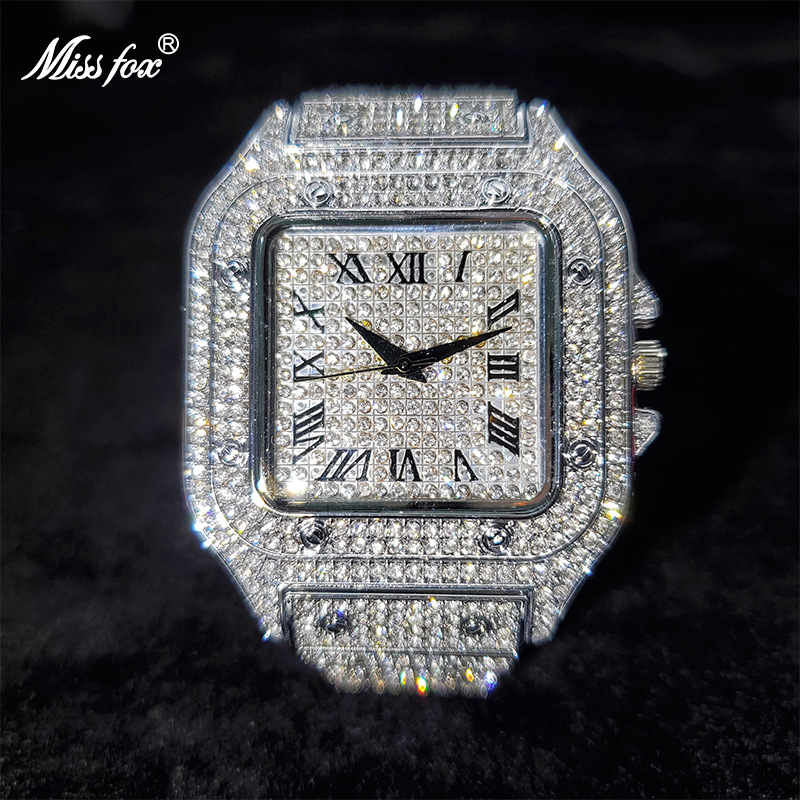 Men's Luxury Square Watch - Gold Roman Numerals, Full Crystal Dial, Swiss Quartz Movement_voghion.com