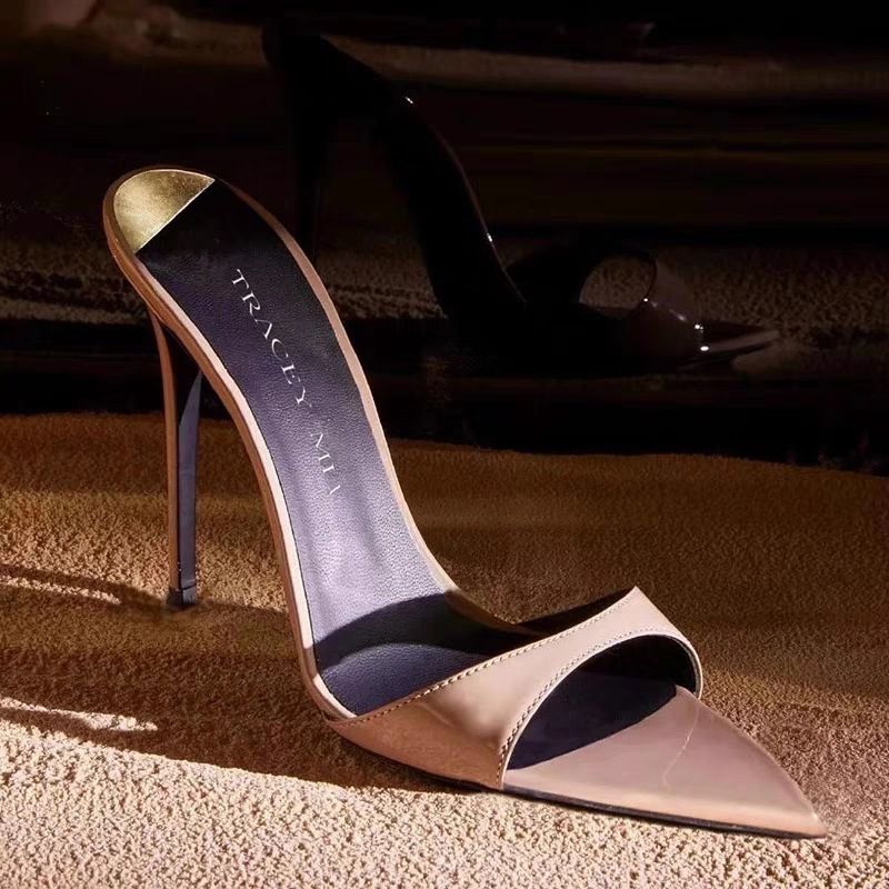 Pantofole con tacco alto e punta a punta, nuove in stile estivo 2025, con cinturino singolo, tinta unita, taglie forti, da donna_voghion.com