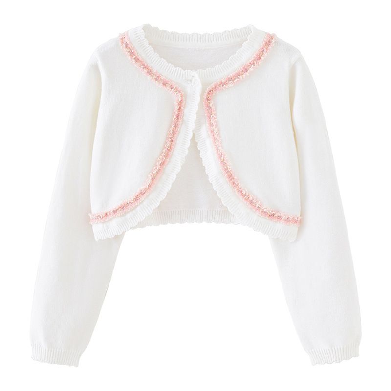 Cardigan élégant en tricot d'inspiration victorienne pour mère et enfant, avec bordure en dentelle, léger et doux, en mélange de coton (blanc-rose/blanc-noir/violet-rose)_voghion.com