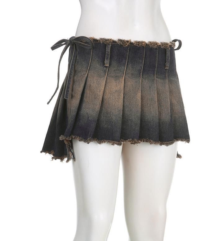 Falda vaquera retro con correa de cintura alta, Falda plisada irregular de una pieza, chica sexy súper corta_voghion.com