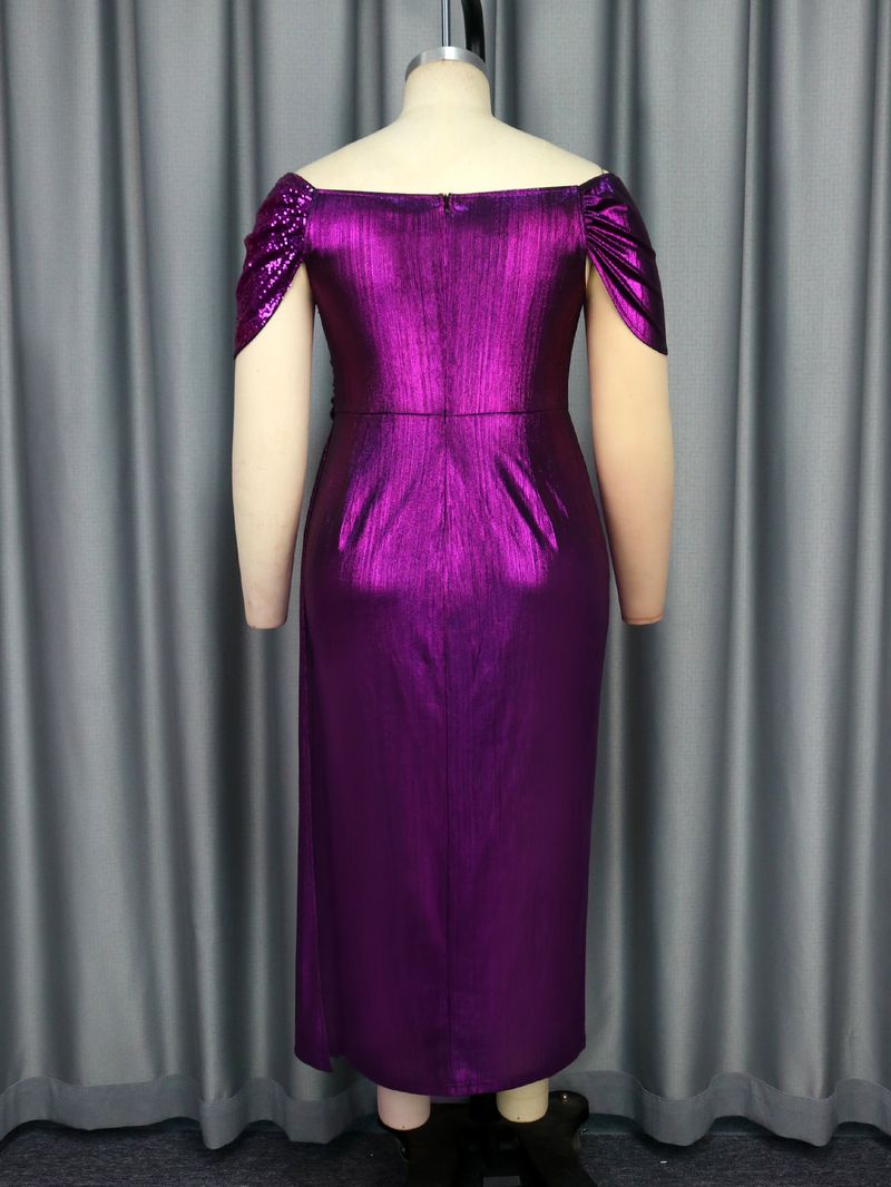 Women's Clothing New Off Shoulder V Neck Banquet Evening Dress Evening Party Pleated Small Sleeve Cover Dresses_voghion.com