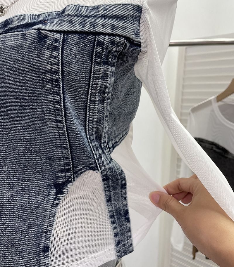 Damenbekleidung Mädchen Design Mesh Splicing Denim Top Langarm Bottoming Shirt Schlankes kurzes Nischen-T-Shirt_voghion.com