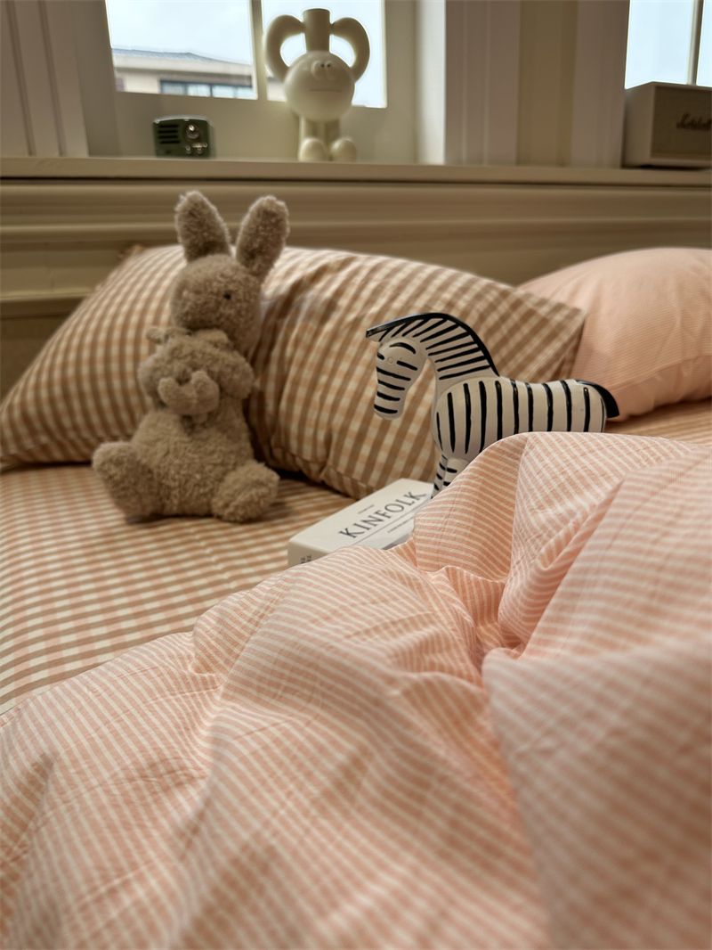 Minimalist Japanese Style Gray Plaid Bedding 100% Cotton 1.5m 1.8m Student Dormitory Duvet Cover Set 1.2m_voghion.com