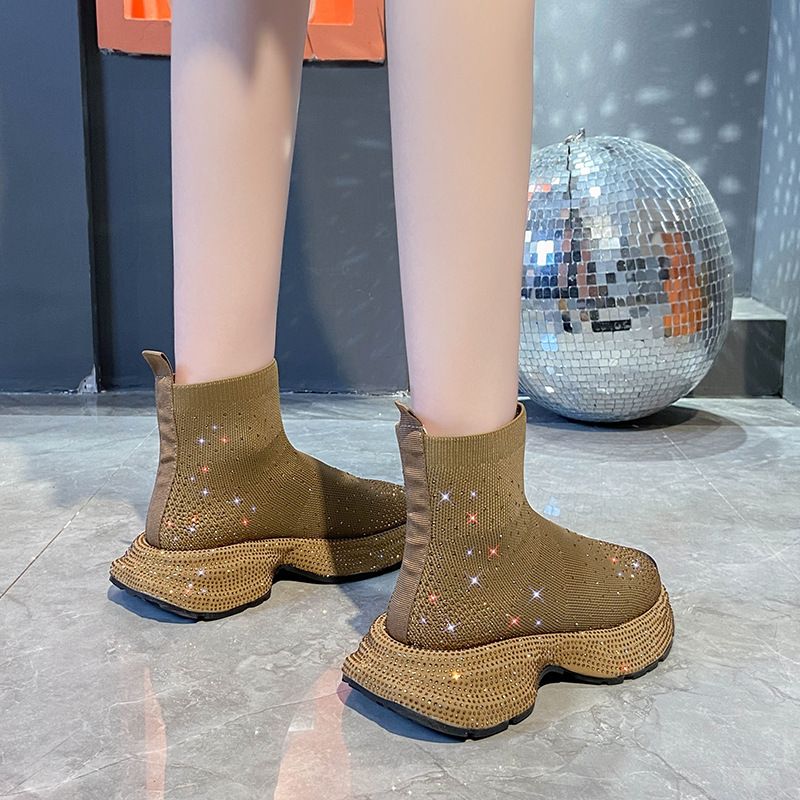 Gestrickte Sockenstiefel für Damen mit Strasssteinen, Slip-On-Sneakers mit dicker Sohle, atmungsaktive, elastische High-Top-Booties für Sommer, Frühling und Herbst_voghion.com