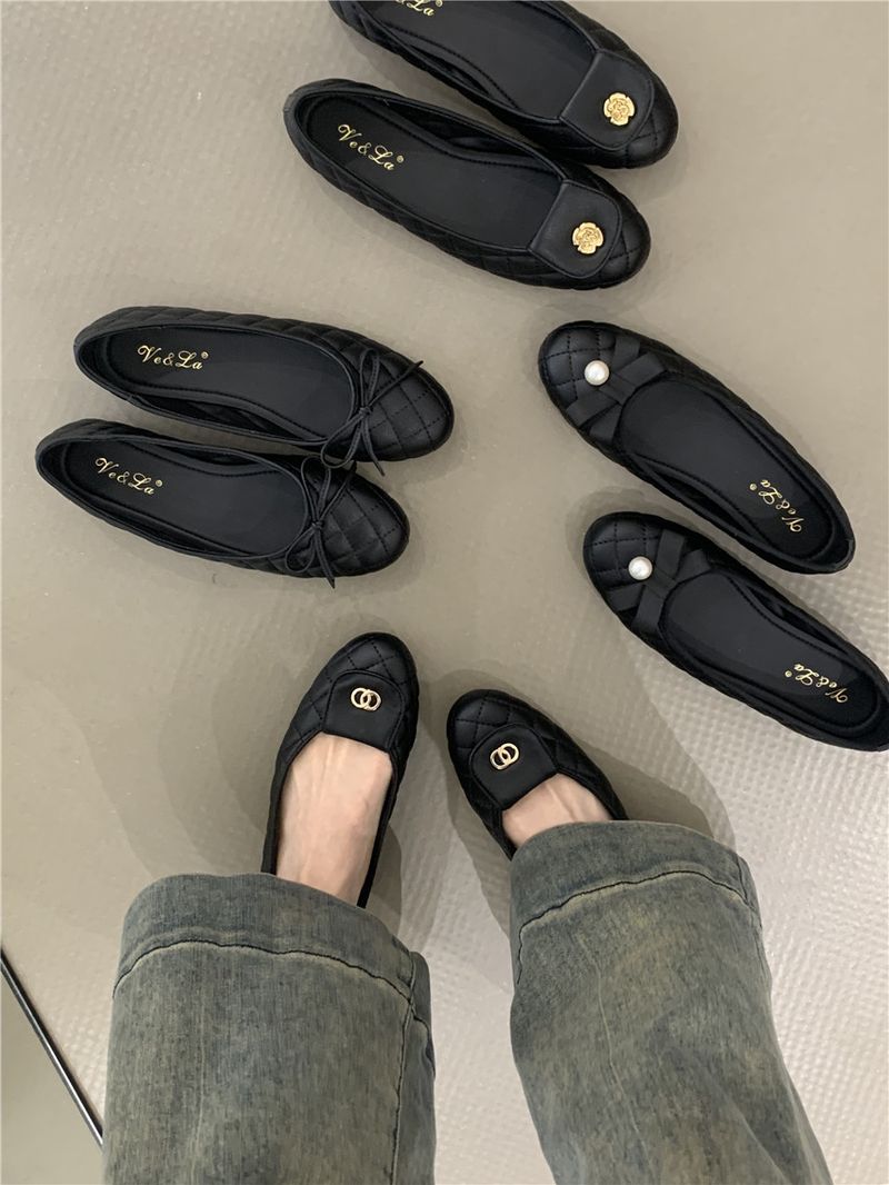 Flache Unterseite Schwarze Ballettschuhe Neues Temperament Eleganter runder Kopf Flacher Mund Weiche Sohle_voghion.com
