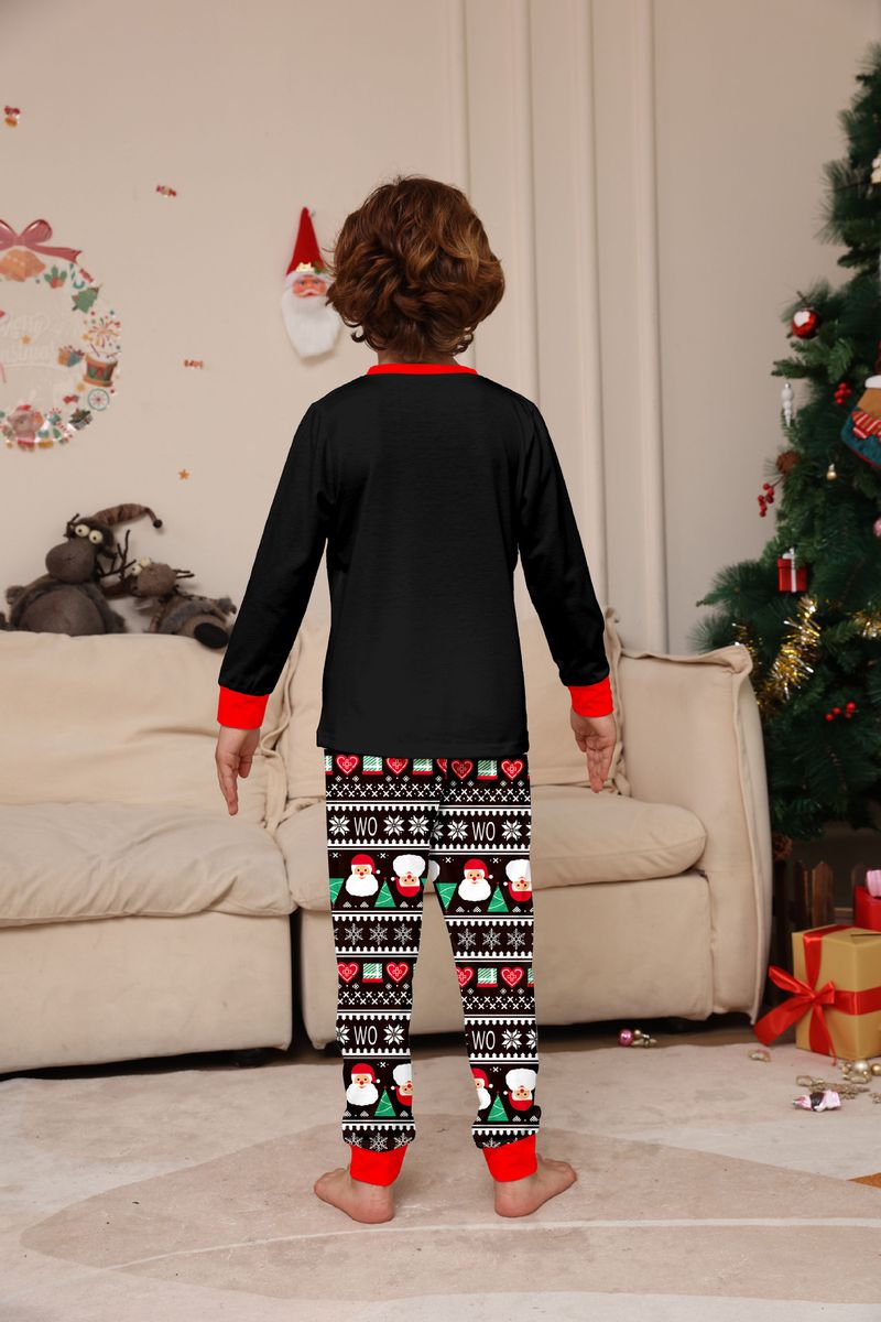Flammhemmender Stoff Neue Kinderkleidung Weihnachtsmütze Buchstabendruck Heimkleidung für Jungen und Mädchen Langarmhose Schwarzer Pyjama_voghion.com