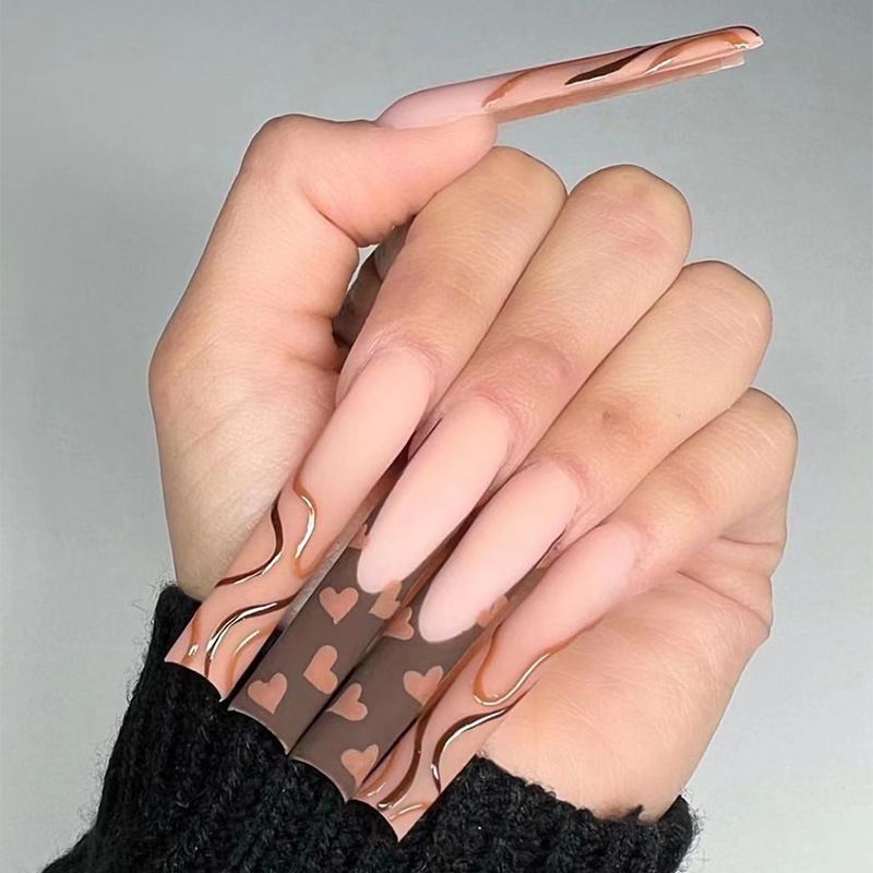 Unghie finte lunghe con linee d'amore scure - Unghie finte riutilizzabili, opzioni di colla e gel adesivo, stile INS alla moda, unghie acriliche a copertura totale per le donne_voghion.com