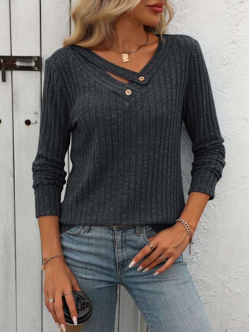 Maglietta casual da donna con scollo a V e bottoni - Maglia a maniche lunghe a coste dalla vestibilità ampia per autunno inverno (nero grigio, rosso vino, verde militare)_voghion.com