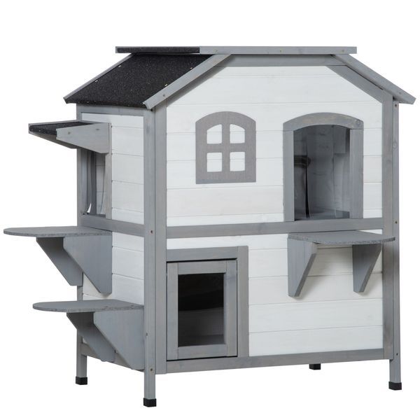 PawHut 2-story Cat House Outdoor, Weatherproof Wooden Cat Enclosure For Feral Cats With Escape Door, Openable Roof, Jumping Platforms, White_voghion.com