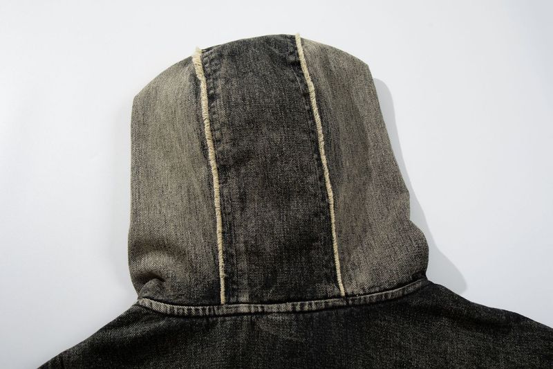Men's Clothing New High Street Trendy Brand Denim Hoodie Wasteland Style Washed Splicing Hooded Sweatshirt_voghion.com