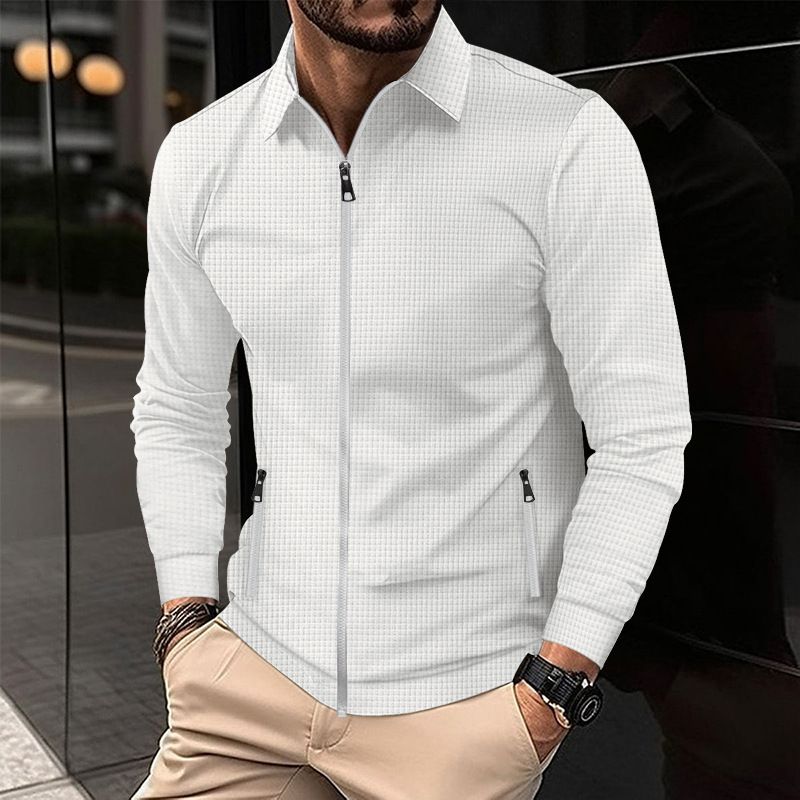 Men's Clothing Men's Waffle Knit Zip-Up Jacket With Stand Collar - High Street Casual Autumn Coat For Men_voghion.com