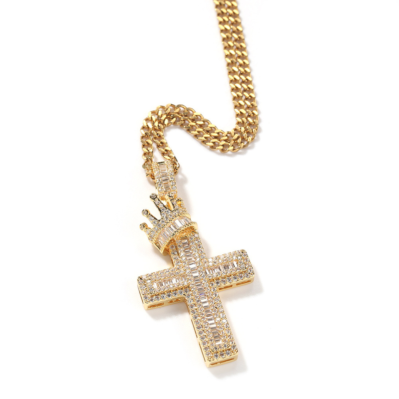 Collana con ciondolo a croce con corona completa per uomo, in rame con zirconi intarsiati, stile hip hop punk, alla moda_voghion.com