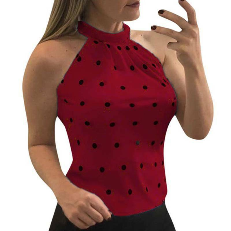 Ropa de mujer Camiseta sin mangas ajustada con estampado de lunares y ondas con cuello colgante_voghion.com