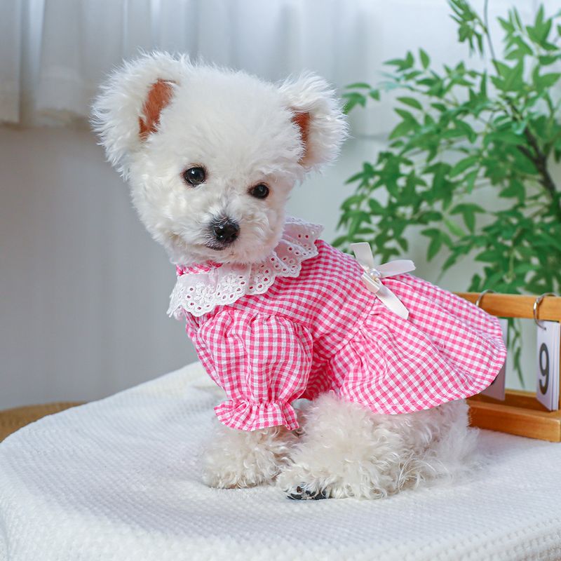 Pet Circle Dog Clothing Cat Clothes Bowknot Lace Collar Edge Black And White Plaid Princess Heart Pearl Dress_voghion.com