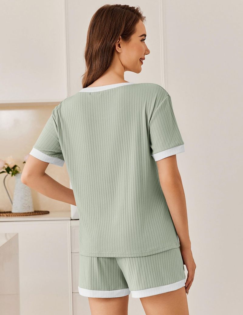Kadın Giyim Yaz Yeni Düz Renk Çukur Çizgili Renk Uyumlu Pijama Kısa Kollu Ev Giyim Takımı_voghion.com