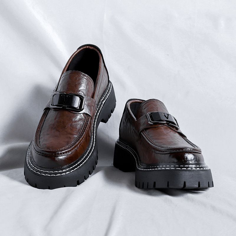 Scarpe Le Fu da uomo, stile casual, alla moda e comode, in pelle, con punta rotonda in stile britannico, con un piede solo, versione coreana, suola spessa_voghion.com