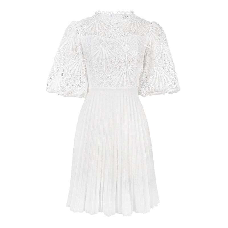 Damenbekleidung Sommer Plus Size Damen weiße Spitze Nähte Plissee Hohl Sexy Kleid langes Kleid Kleid_voghion.com