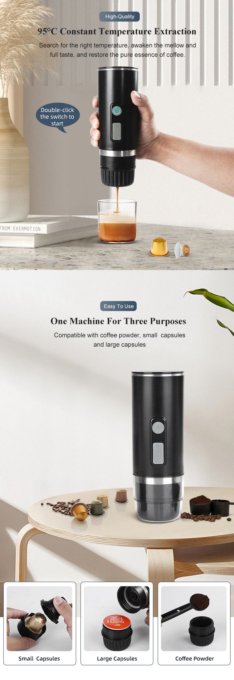 Cafetera de cápsulas portátil, cafetera expreso eléctrica inalámbrica, cafetera de cápsulas para exteriores, café en polvo de doble propósito_voghion.com
