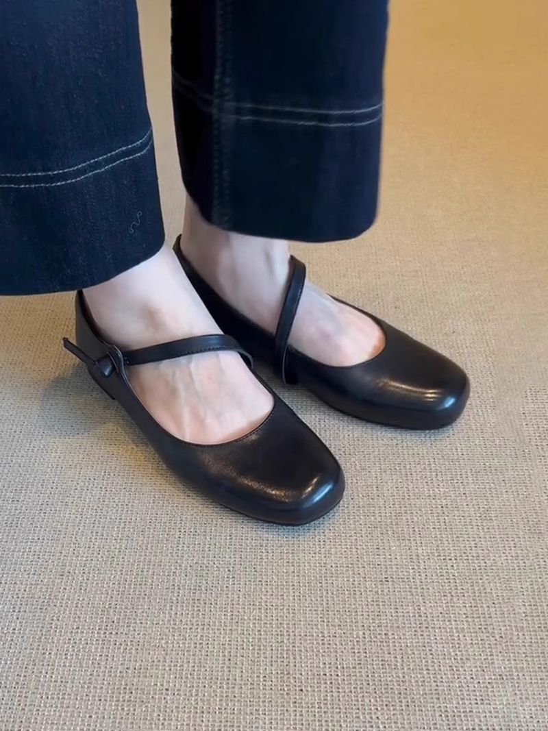 Lancui~ Brown Simple Flat Mary Jane Shoes For Women French Style One Strap Shallow Mouth Versatile Ballet Flats_voghion.com