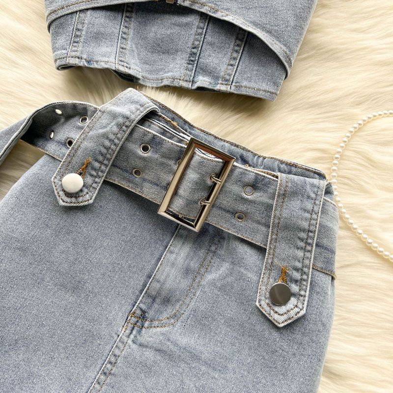 Conjunto de dos piezas de top corto y falda vaquera con cuello halter para mujer, estilo urbano, para verano_voghion.com