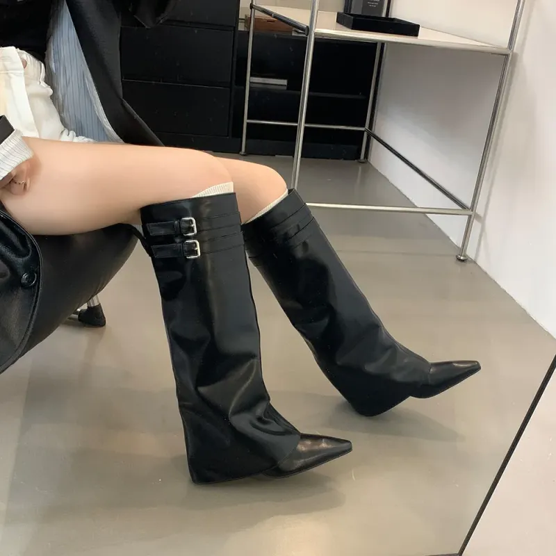 Spitzschuh Damen Winterstiefel Keil High Heels Gürtelschnalle Schwarz Braun PU Leder Botas Fashion Abendschuhe Frau 39_voghion.com
