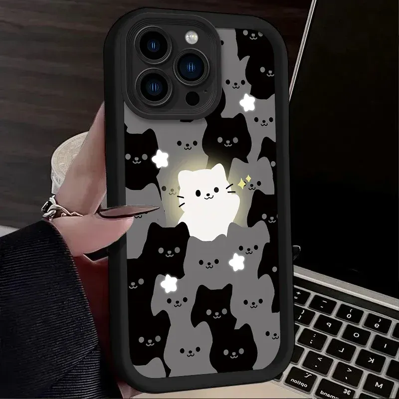 Custodia a forma di gatto con coppia carina per iPhone 15, 16, 14, 13, 12, 11 Pro Max X, XS, XS Max, XR, SE 2020, 7, 8 Plus, cover posteriore in silicone morbido per iPhone 16._voghion.com
