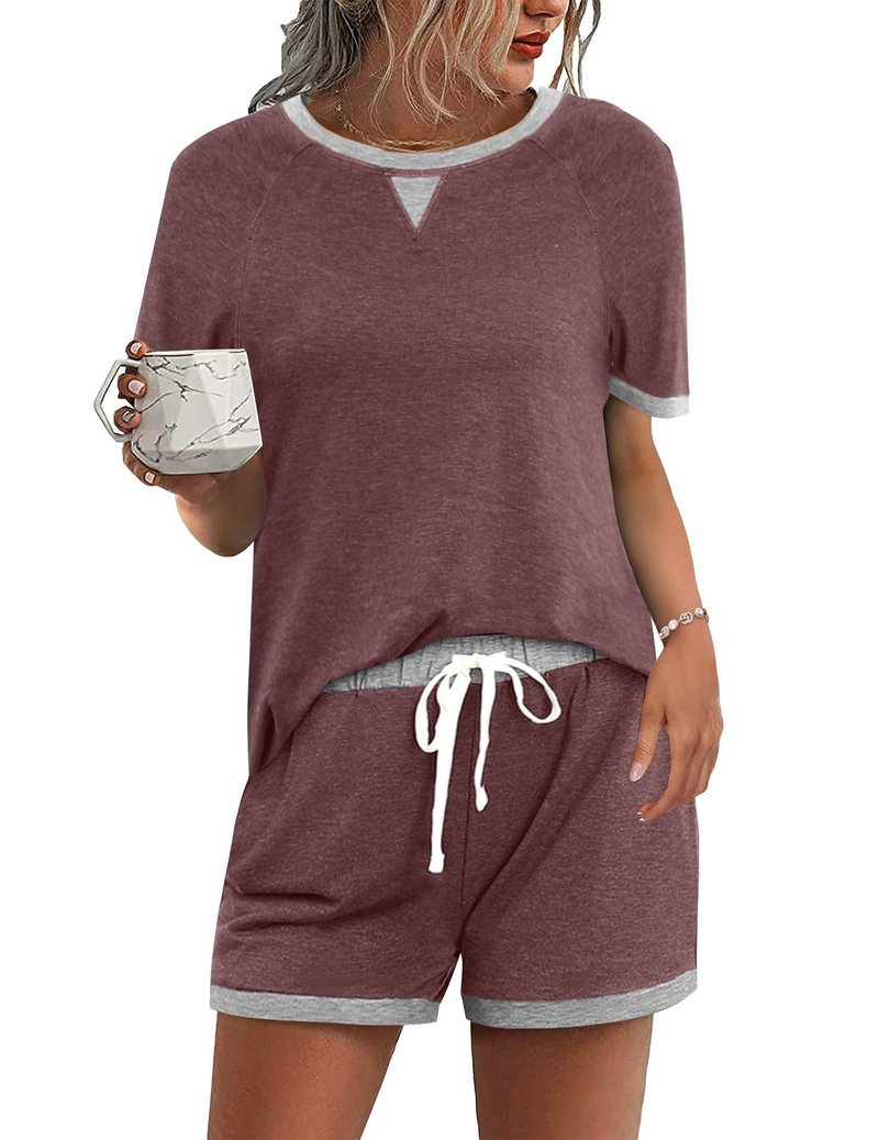 Women's comfortable casual color matching T-shirt shirt shorts two-piece set_voghion.com