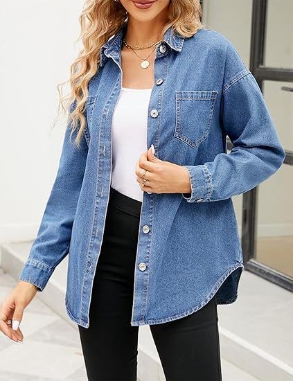 Vintage Wash Denim Shirt For Women – Relaxed Fit Long Sleeve Button-Up With Distressed Details (Dark Blue/Light Blue, S/M/L/XL)_voghion.com