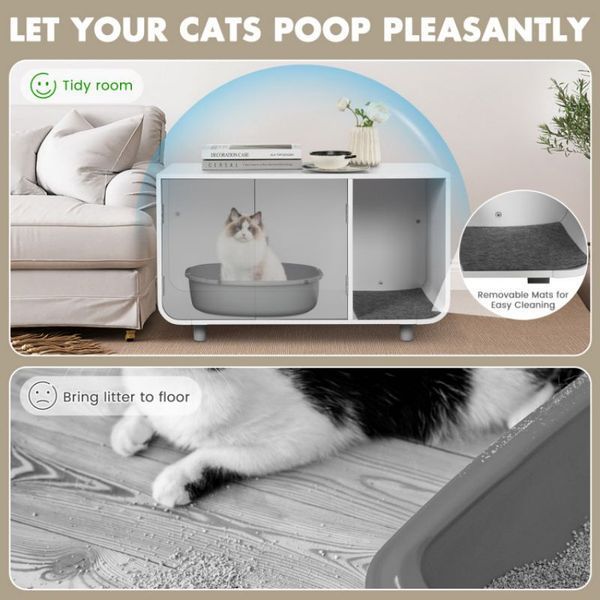 Cat Litter Box Enclosure Furniture With Removable Mat_voghion.com