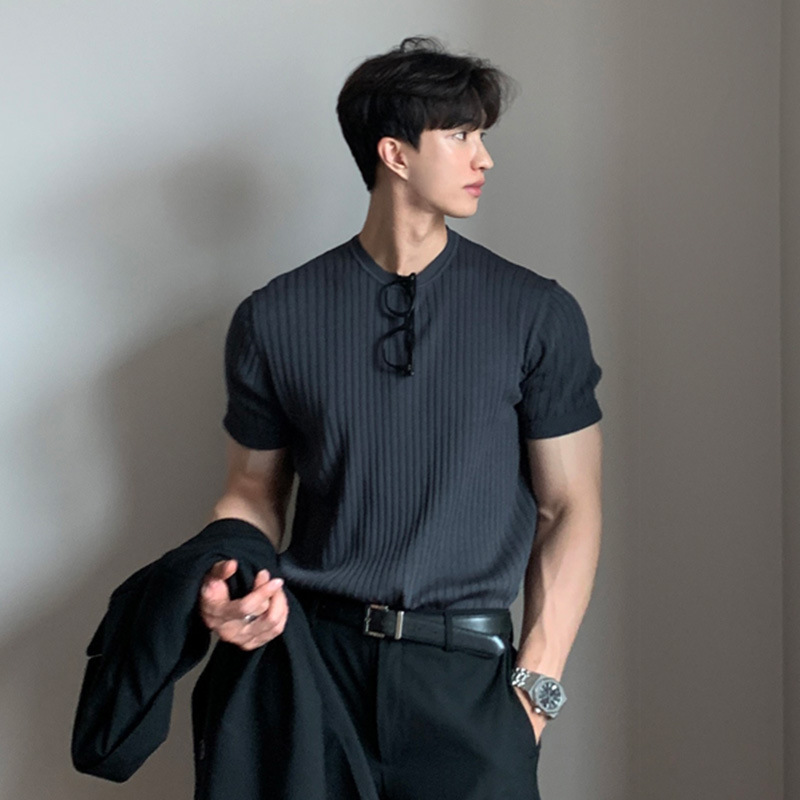 Maglietta estiva a maniche corte in maglia elasticizzata, stile ampio, stile americano coreano Dongdaemun, da uomo_voghion.com