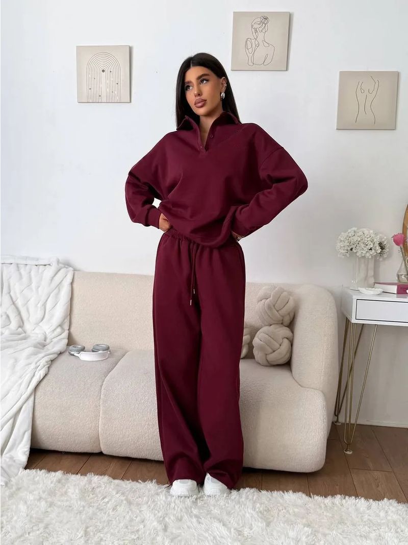 Set sportivi casual da donna, tinta unita, maniche lunghe, pullover con revers abbottonato, felpa, pantaloni con lacci, completo due pezzi_voghion.com
